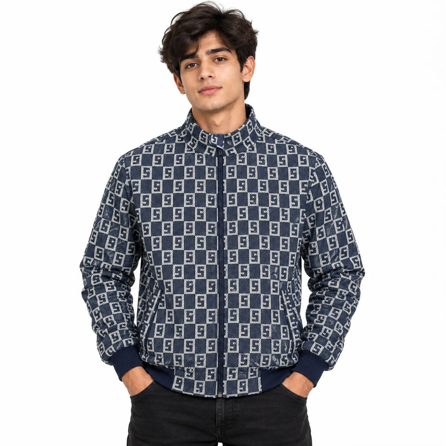 Navy & Silver S-Check Jacquard Woven Zip-Up Jacket