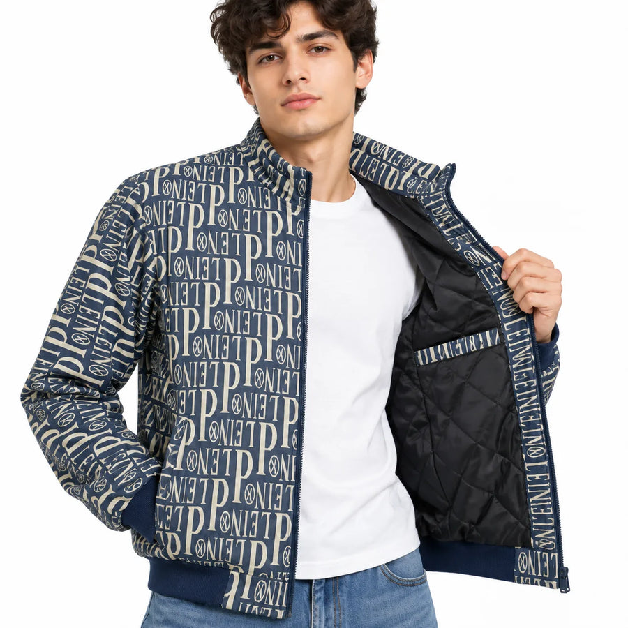 Navy & Cream Typography Jacquard Woven Zip-Up Jacket
