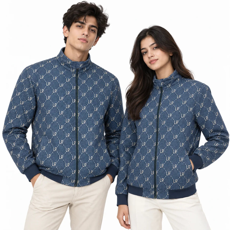 Navy & Cream LP Monogram Diamond Jacquard Zip-Up Jacket