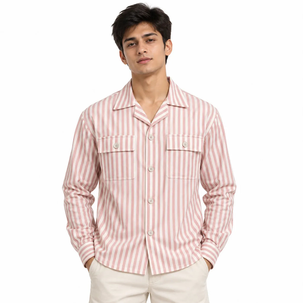 Unisex Pink & White Vertical Stripe Utility Shirt