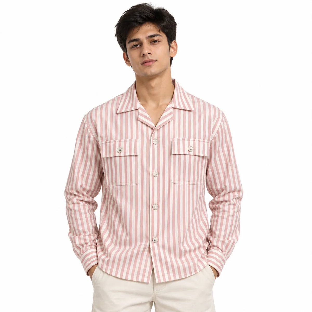 Unisex Pink & White Vertical Stripe Utility Shirt