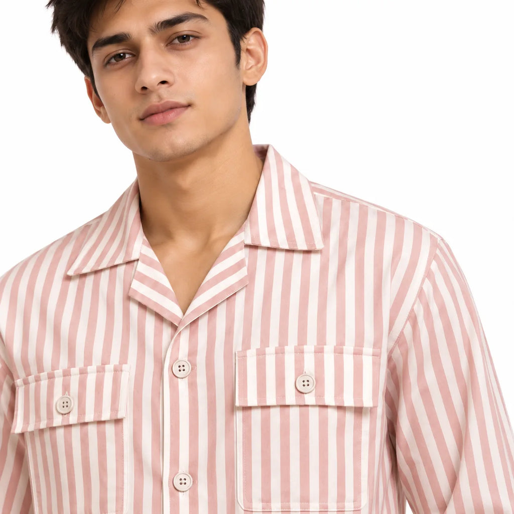 Unisex Pink & White Vertical Stripe Utility Shirt